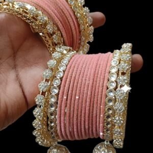 Peach Velvet Golden Jhumki Set