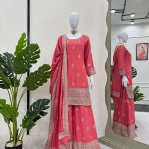 Peach Wedding Embroidery And Sequence Work Chinon Silk Top And Palazo Suits