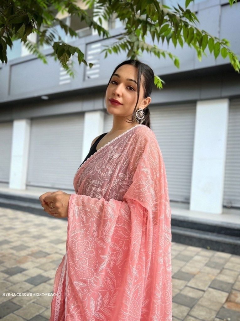 peach wedding soft chiffon sil 1715161262 Peach Wedding Soft Chiffon Silk Lucknowi Saree