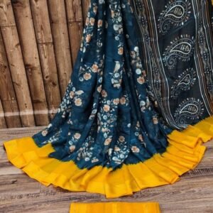Peacock Blue Color Beautiful Chiffon Jari Sarees with Flower Print