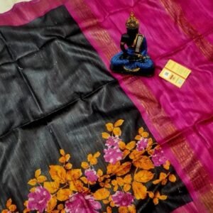 Pink And Black Floral Screen Printed Original Tussar Ghicha Silk Saree 9