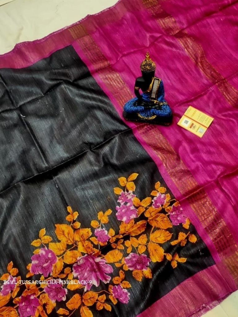pink and black floral screen p 1712211361 Pink And Black Floral Screen Printed Original Tussar Ghicha Silk Saree 9