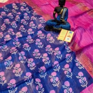 Pink And Blue Flower Screen Printed Original Tussar Ghicha Silk Saree 7
