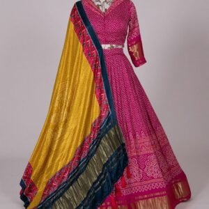 Pink Bandhej Digital Printed Pure Gaji Silk With Yellow Dupatta