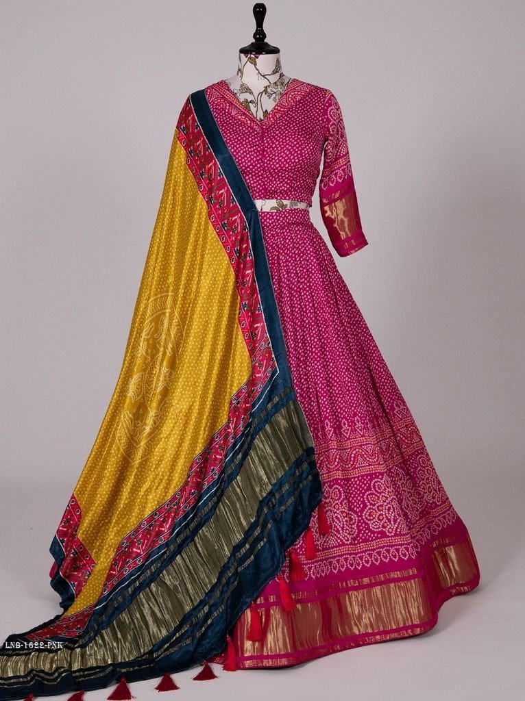 pink bandhej digital printed p 1712743280 Pink Bandhej Digital Printed Pure Gaji Silk With Yellow Dupatta