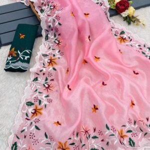 Pink Beautiful Heavy Embroidery Work Khadi Organza Silk Saree