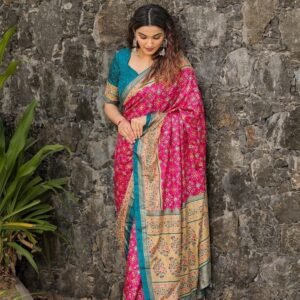 Pink Beautiful Wedding Foil Printed Dola Silk Saree With One Meter Blouse