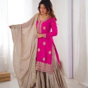 Pink Beige Embroidered Kurta With Sharara Dupatta