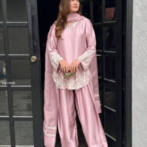 Pink Crepe Silk Embroidered Kurti With Farsi Pant Set with Dupatta