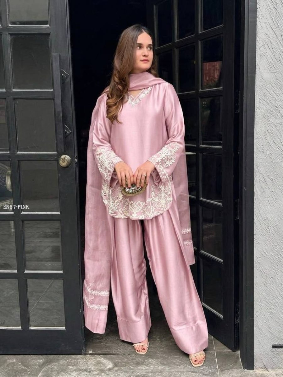 pink crepe silk embroidered ku 1774961944 Pink Crepe Silk Embroidered Kurti With Farsi Pant Set with Dupatta