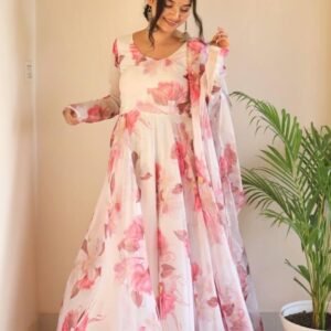 Pink Digital Printed Organza Taby Silk Gown With Printed Dupatta