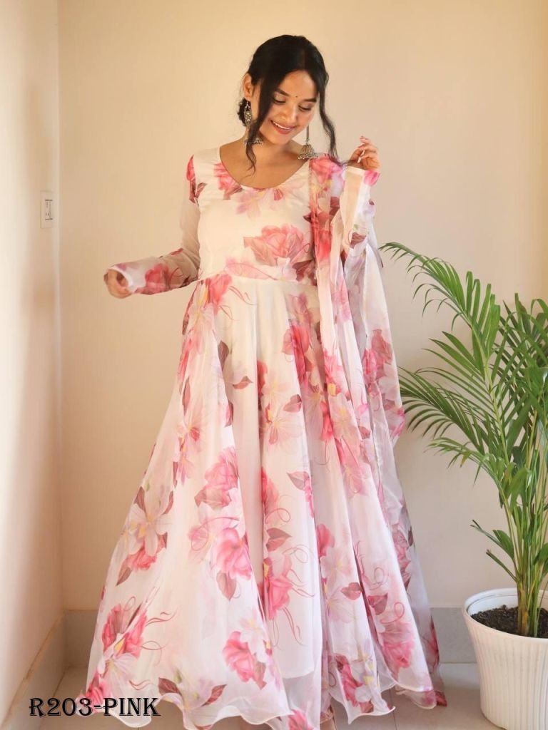 pink digital printed organza t 1722258728 Pink Digital Printed Organza Taby Silk Gown With Printed Dupatta