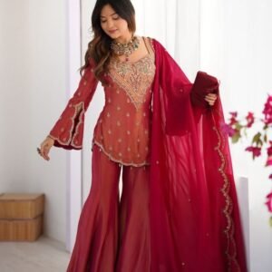 Stylish Pink Embroidered Kurti With Flared Palazzo And Dupatta Set