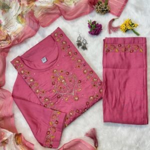 Pink Fancy Muslin Hand Work Kurti Pant Set
