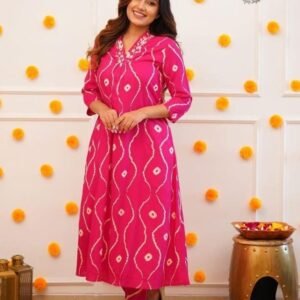Pink Fancy Neck Work Rayon Cotton Kurtis