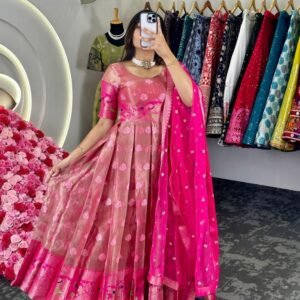 Pink Festival Wear Jacquard Kota Silk Anarkali Suits