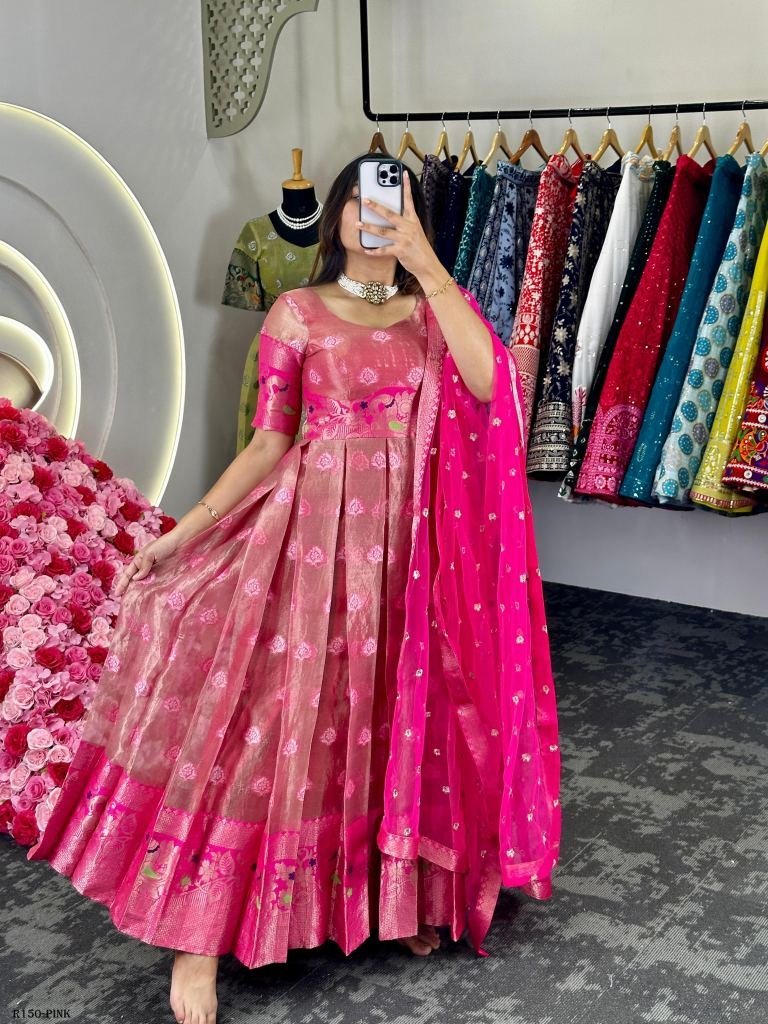 pink festival wear jacquard ko 1721014966 Pink Festival Wear Jacquard Kota Silk Anarkali Suits