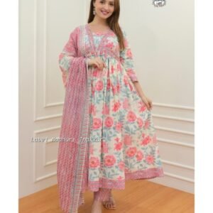 Pink Floral Anarkali Suit Set with matching Pants and dupatta