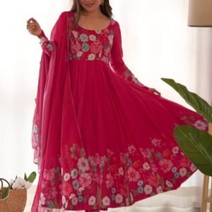 Pink Floral Printed Organza Silk Kurti Pant Dupatta Set