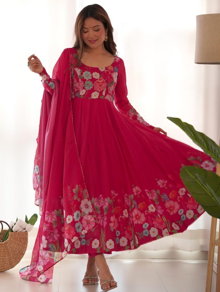 pink floral printed organza si 1736595563 Pink Floral Printed Organza Silk Kurti Pant Dupatta Set