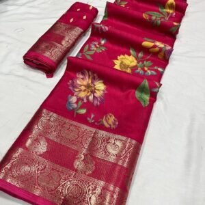 Pink Floral Printed Pure Dola Silk Saree