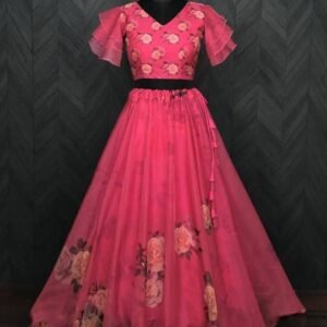 Pink Flower Digital Printed Soft Organza Lehenga