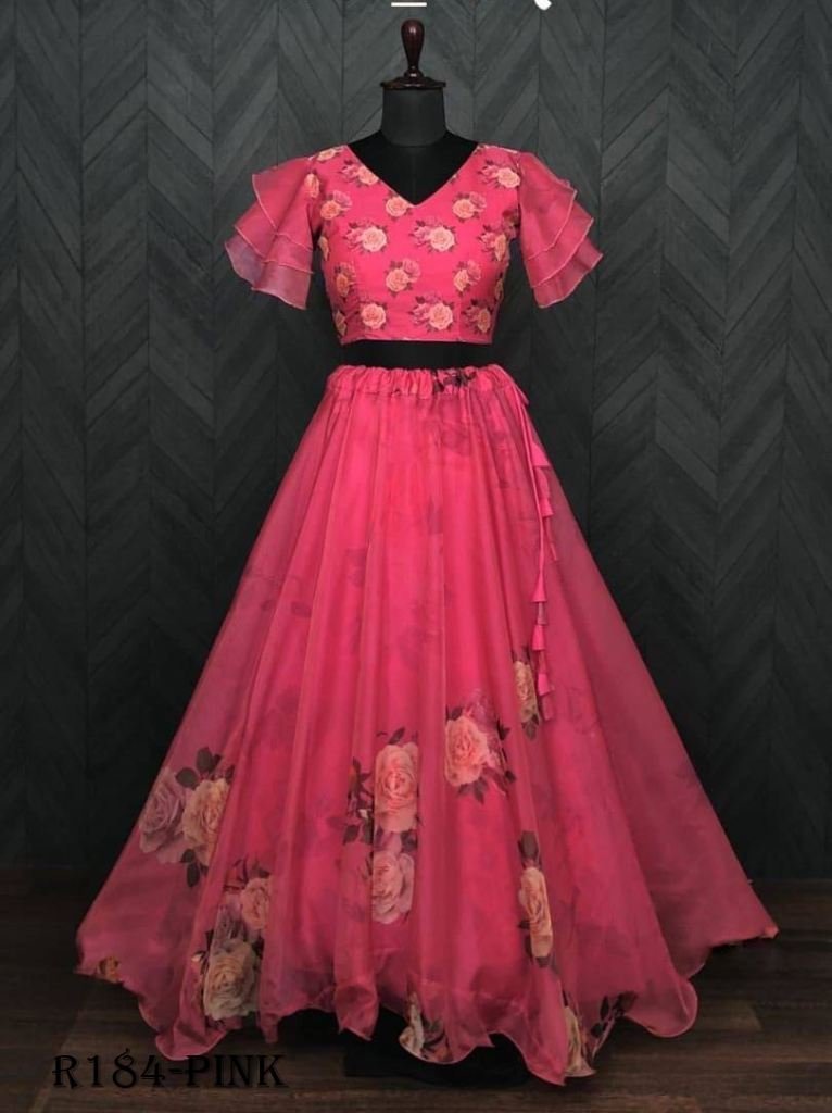 pink flower digital printed so 1721459651 Pink Flower Digital Printed Soft Organza Lehenga