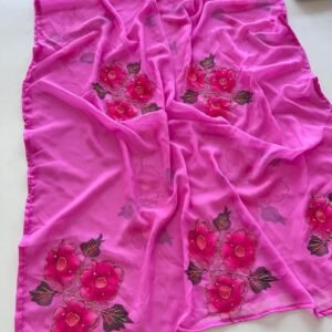 Pink Flower Heavy Handwork Soft Georgette Saree