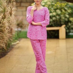 Pink Flower Printed Cotton Top And Pant Co ord Set