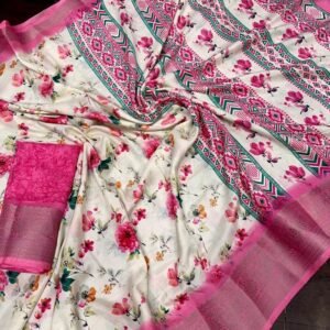 Pink Flower Printed Dola Silk Saree With Jacquard Border