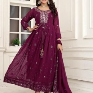Wine Georgette Sequence Ready Made Suit For Women