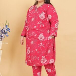 Pink Handwork Big Size Kurti Pant Set With Dupatta