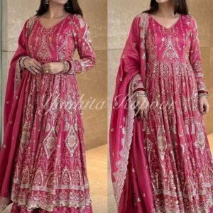 Pink Heavy Embroidery Work Chinon Silk Party Wear Gown