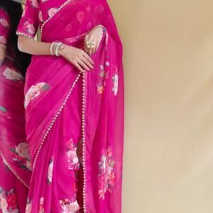 Pink Party Wear And Pearl Lace Border Georgette Saree