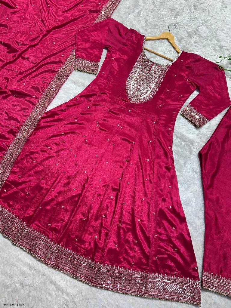 pink party wear chinon silk re 1716297315 Pink Party Wear Chinon Silk Readymade Gown