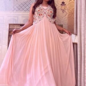 Pink Party Wear Embroidered Georgette Gown With Sleeveless