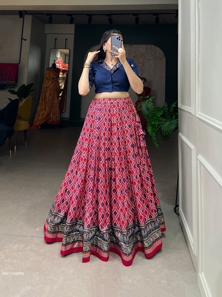 pink patola with foil print co 1712657591 Pink Patola With Foil Print Cotton Lehenga Co ord Set