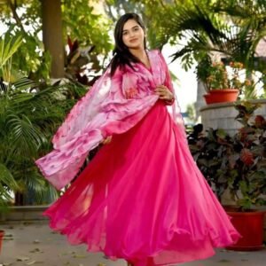 Pink Plain Readymade Tebby Silk Gown With Printed Dupatta