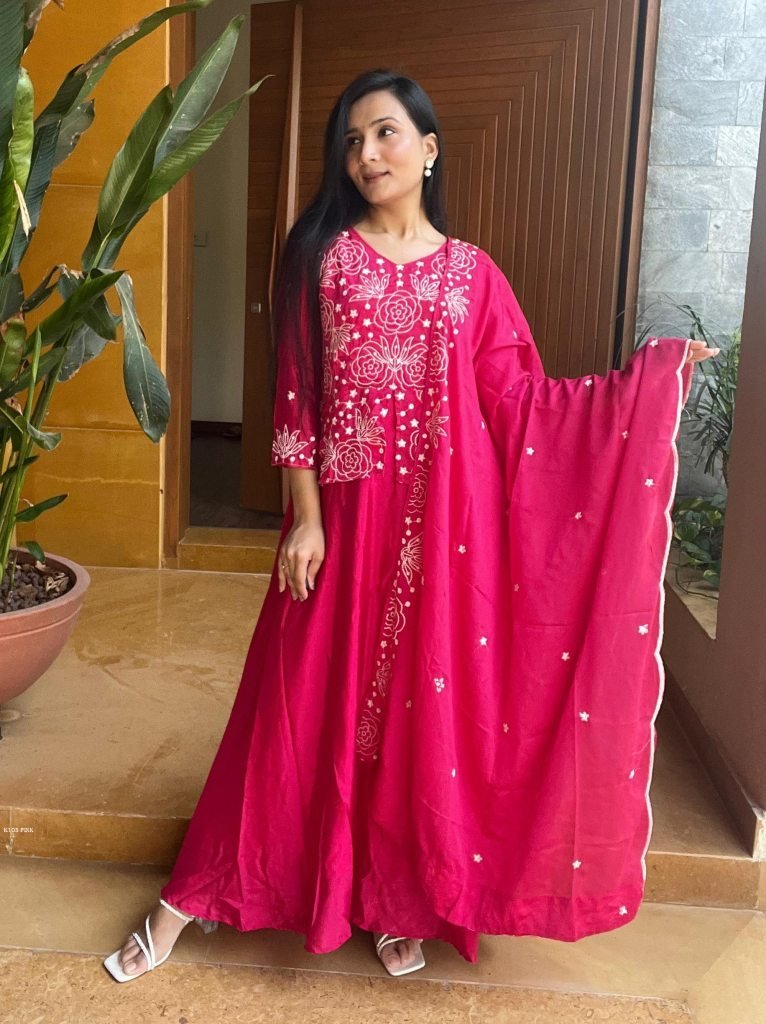 pink pure chinon jacket gown d 1736505930 Pink Pure Chinon Jacket Gown Dupatta With Heavy Embroidery Work