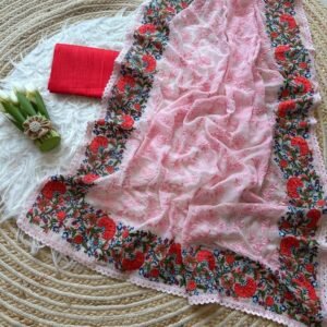 Pink Pure Georgette Silk Embroidery Work Saree