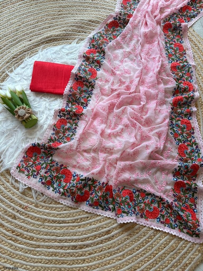 pink pure georgett silk flower 1723713015 Pink Pure Georgette Silk Embroidery Work Saree