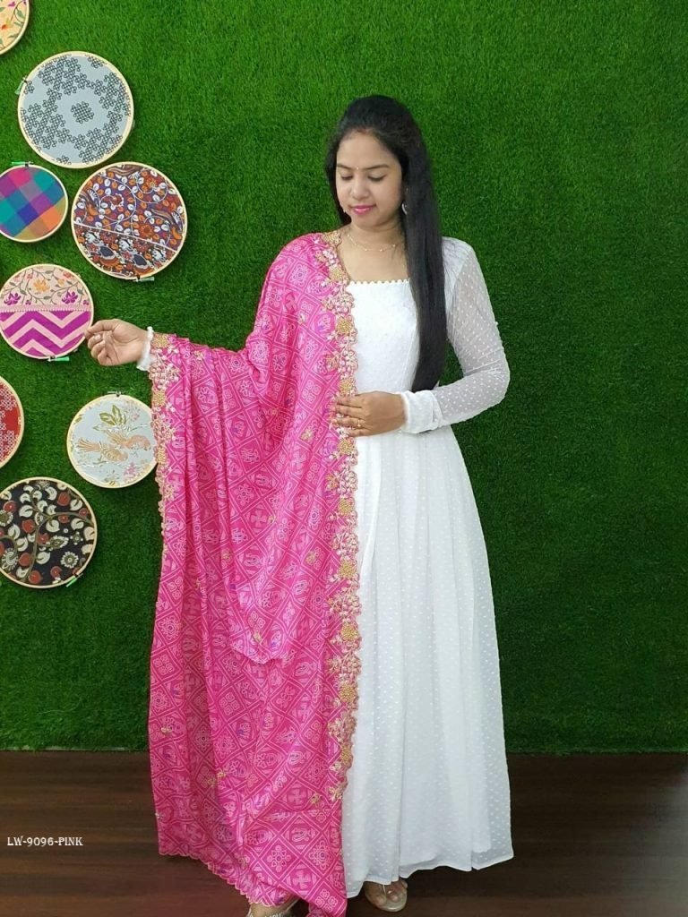 pink readymade georgette butti 1714644183 Pink Readymade Georgette Butti Gown With Dupatta