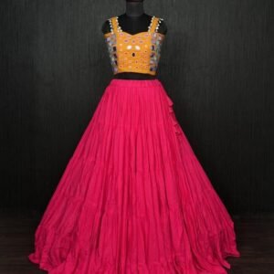 Pink Real Mirror Work Rayon Navratri Lehenga Choli With Yellow Blouse