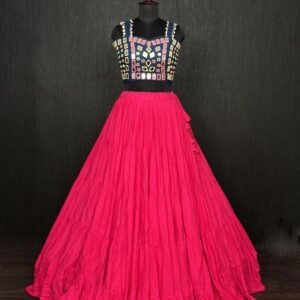 Pink Real Mirror Work Rayon Navratri Lehenga Choli With Blue Blouse