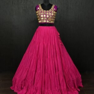 Pink Real Mirror Work Rayon Navratri Lehenga Choli With Pink Blouse