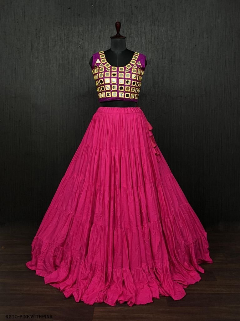 pink real mirror work rayon na 1722331037 Pink Real Mirror Work Rayon Navratri Lehenga Choli With Pink Blouse