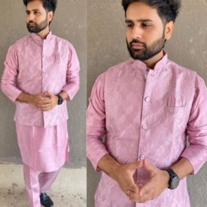 Pink Stylish Banglori Silk Men Kurta Pant With Koti
