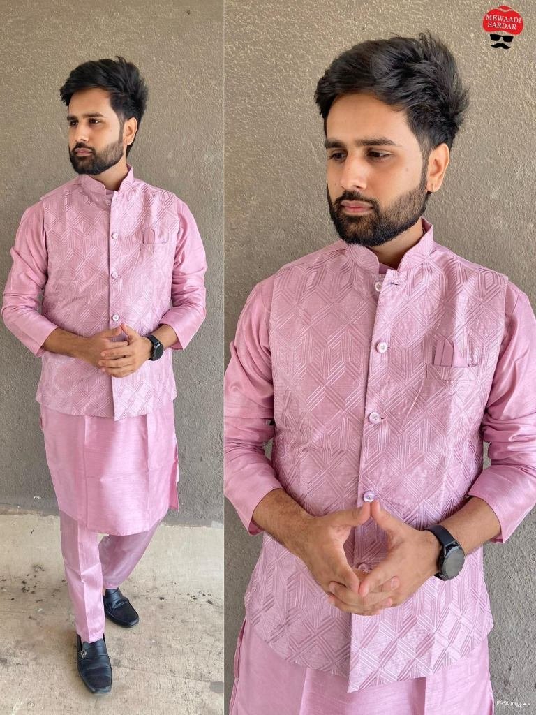 pink stylish banglori silk men 1728119562 Pink Stylish Banglori Silk Men Kurta Pant With Koti