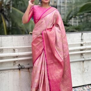 Pink Traditional Kanjivaram Tissues Pattu Saree With Zari Work