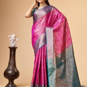 Pink Varni Silver Zari Weaving Lichi Silk Saree